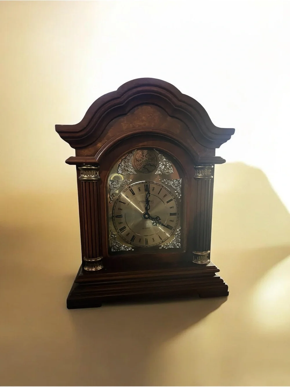 Classic Brown Wooden Mantel Clock with Gold-Tone Dial